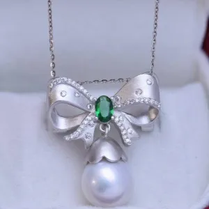 Freshwater Pearl & Green Gem Bow Pendant Necklace