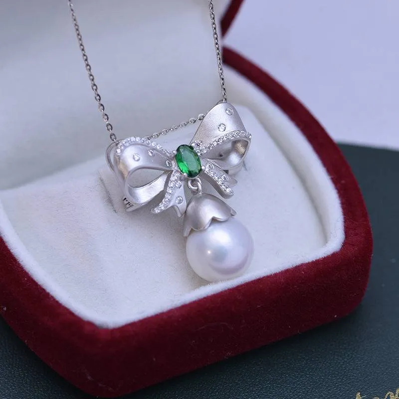 Freshwater Pearl & Green Gem Bow Pendant Necklace