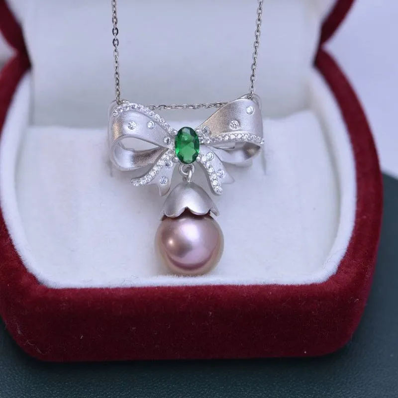 Freshwater Pearl & Green Gem Bow Pendant Necklace