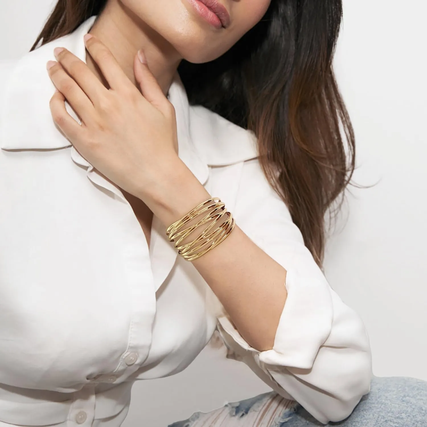 Gold Cuff Bracelet for Women Chunky Multi-layer Cross Wire Open Bracelet Hollow Wide Cuff Bracelets Adjustable Gold Open Cuff Bangle Bracelet