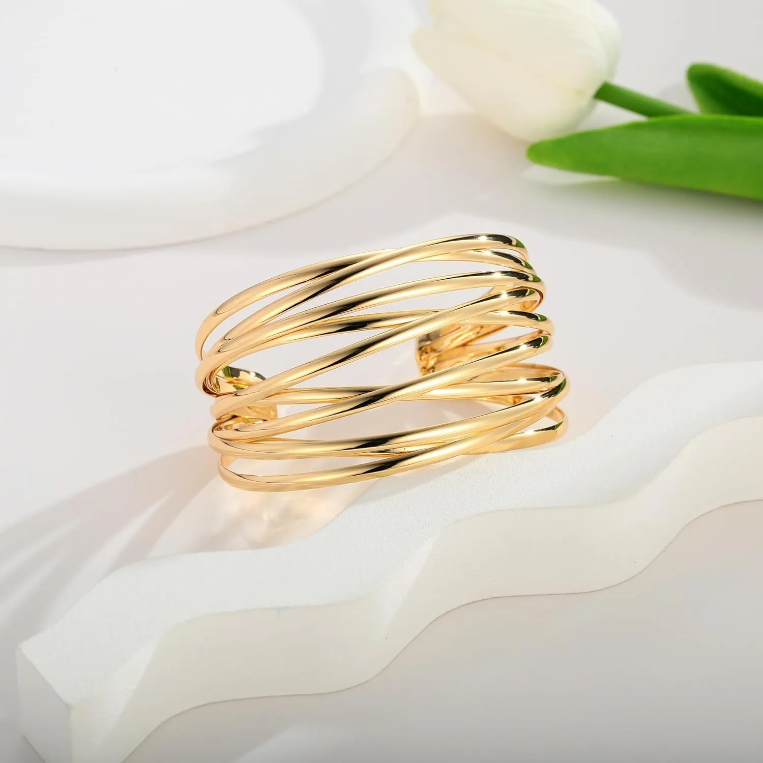 Gold Cuff Bracelet for Women Chunky Multi-layer Cross Wire Open Bracelet Hollow Wide Cuff Bracelets Adjustable Gold Open Cuff Bangle Bracelet