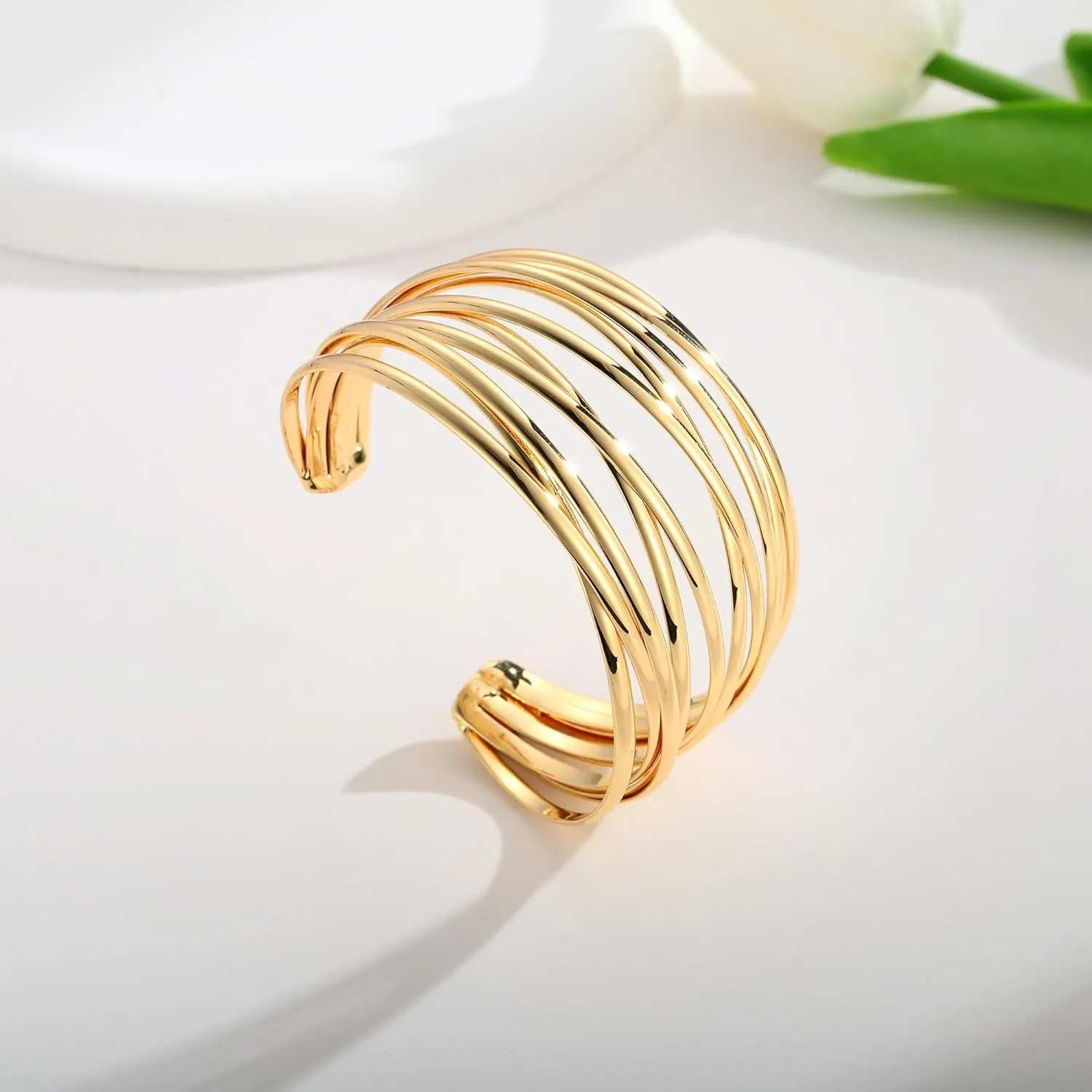 Gold Cuff Bracelet for Women Chunky Multi-layer Cross Wire Open Bracelet Hollow Wide Cuff Bracelets Adjustable Gold Open Cuff Bangle Bracelet