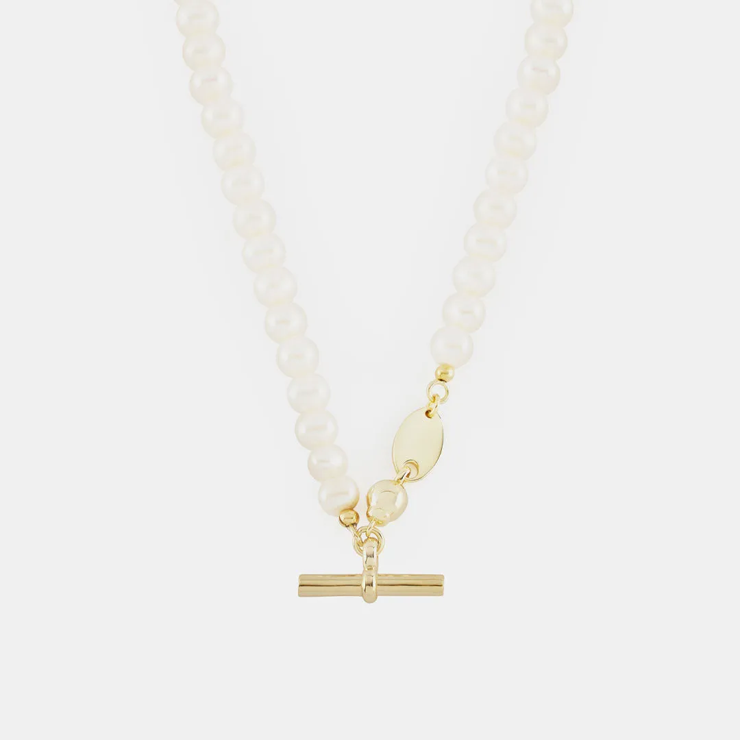 Gold Pearl T-Bar Necklace
