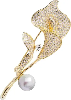 Gold/Silver Calla Lily Crystal Brooches Pins Fashion Beautiful Created Rhinestone Pearl Flower Floral Brooch Good Idea for Party Dance Wedding Banquet for Elegant Women Girl