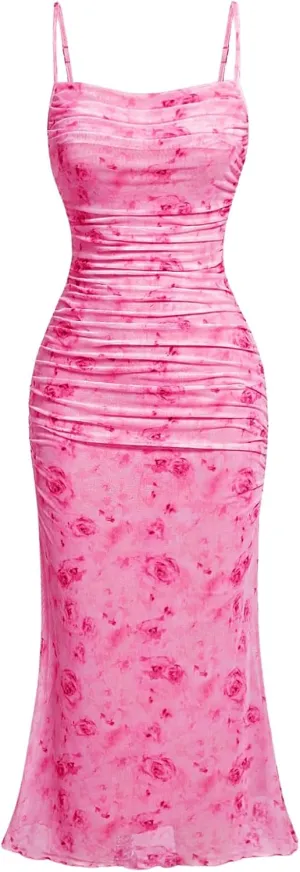 GORGLITTER Women's Floral Ruched Bodycon Midi Dress Mesh Sleeveless Fishtail Cami Dresses