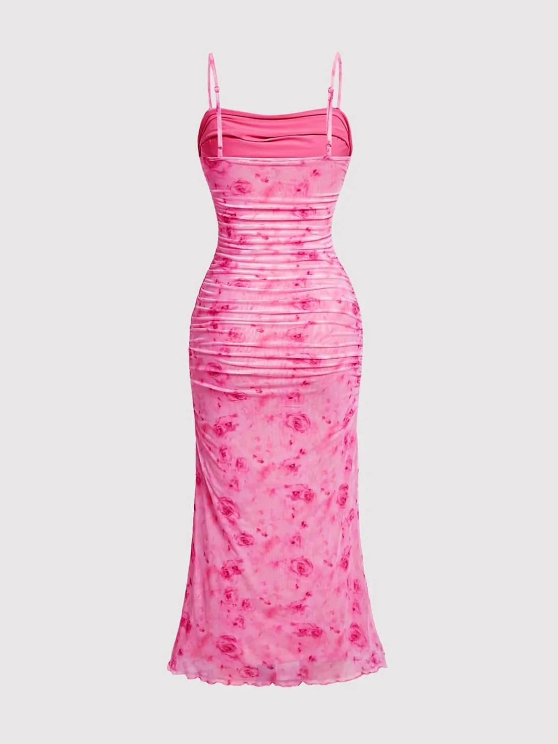 GORGLITTER Women's Floral Ruched Bodycon Midi Dress Mesh Sleeveless Fishtail Cami Dresses