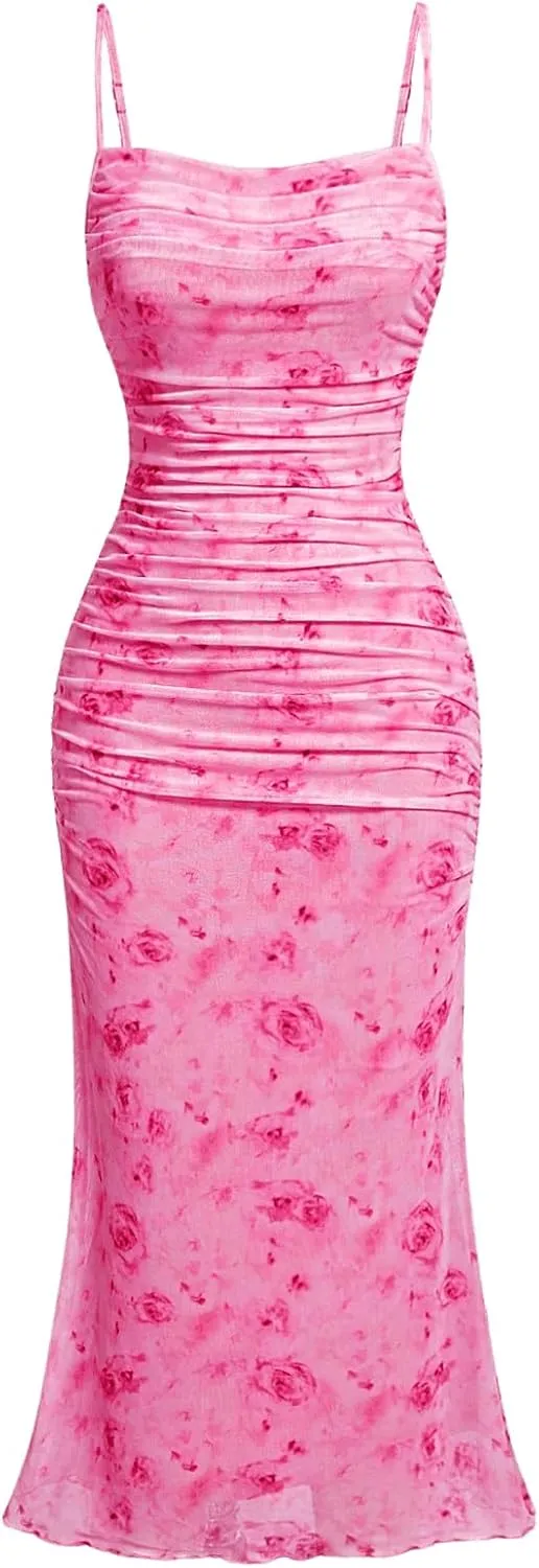 GORGLITTER Women's Floral Ruched Bodycon Midi Dress Mesh Sleeveless Fishtail Cami Dresses