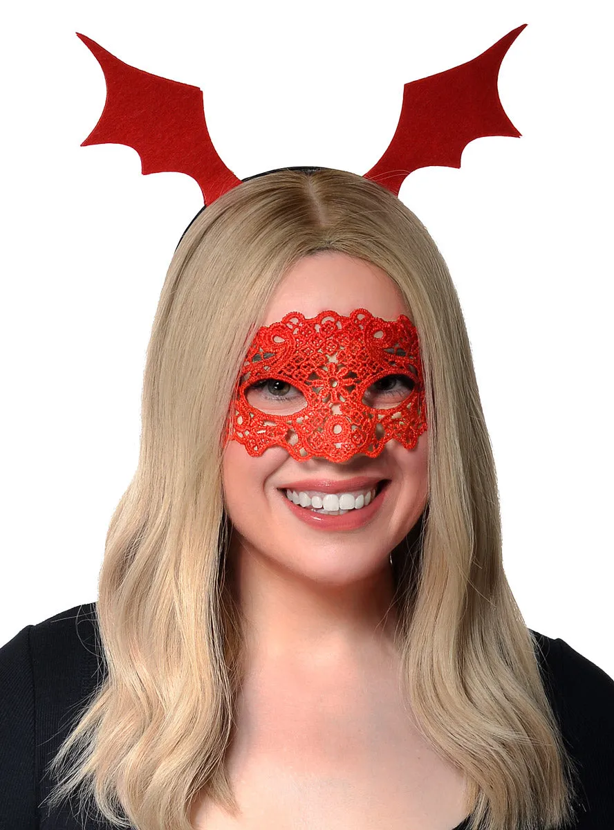 Halloween Red Lace Masquerade Mask and Bat Wing Headband Accessory Set