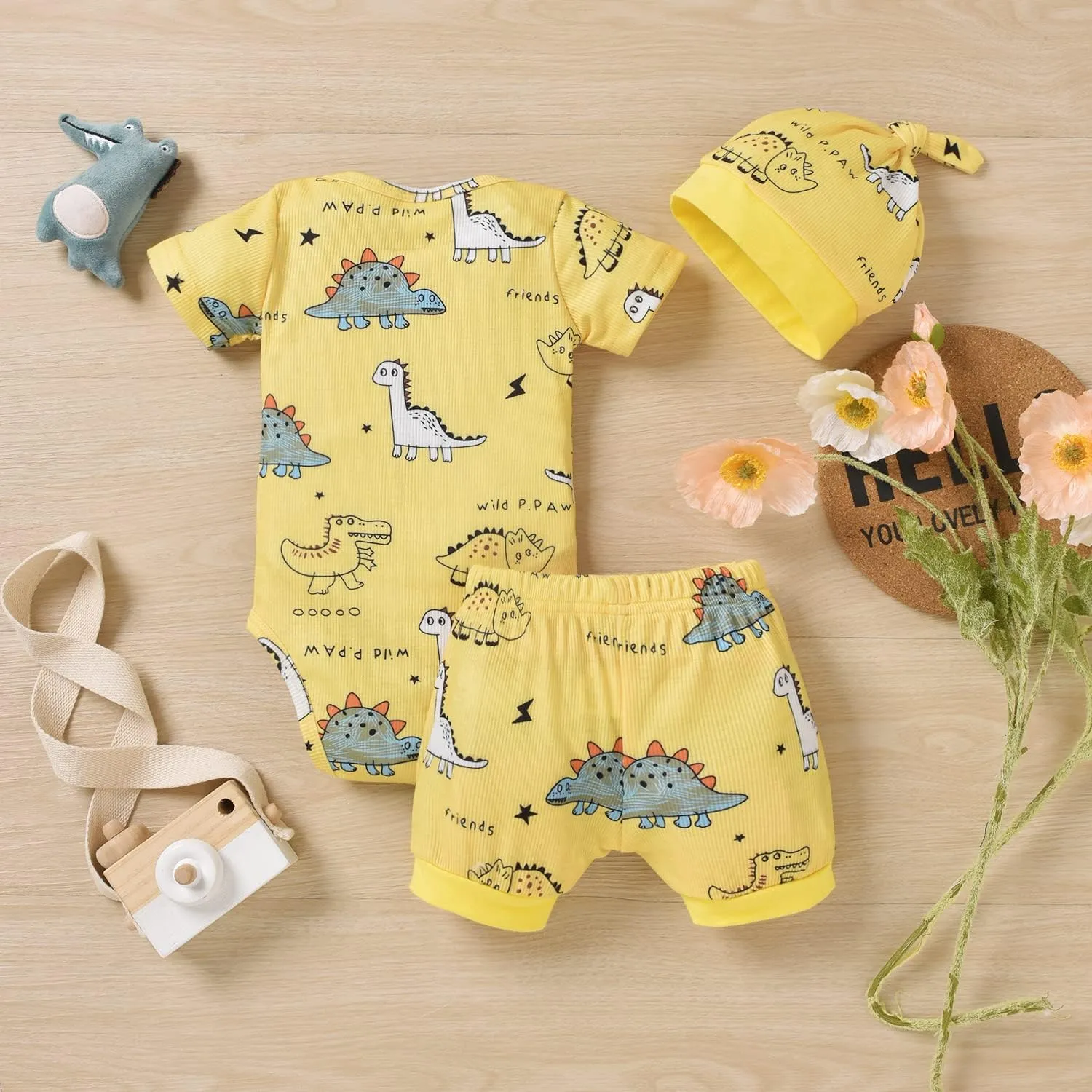 HINTINA Preemie Newborn Infant Baby Boys Outfits Dinosaur Bodysuit Romper Short Pants Hats 3Pcs Summer Clothes Set