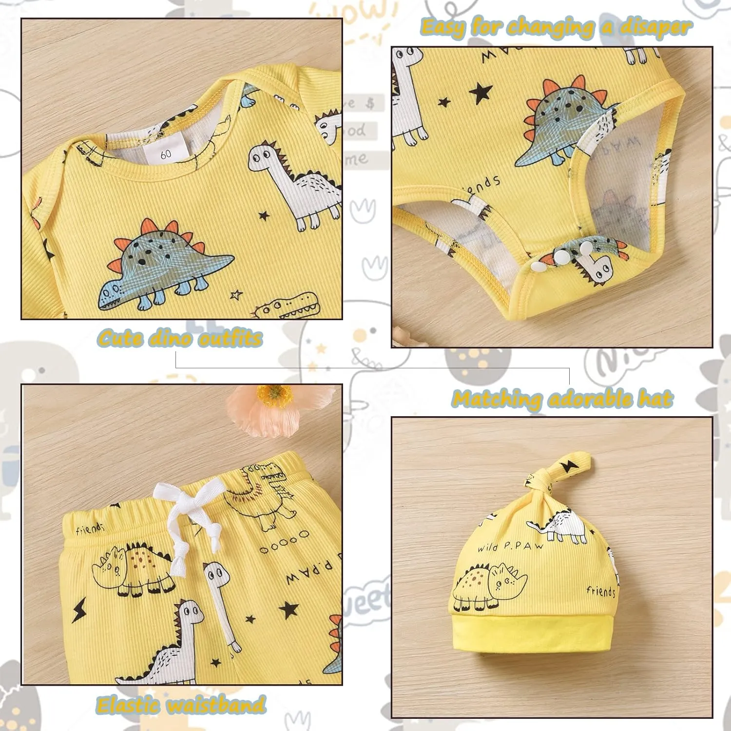 HINTINA Preemie Newborn Infant Baby Boys Outfits Dinosaur Bodysuit Romper Short Pants Hats 3Pcs Summer Clothes Set