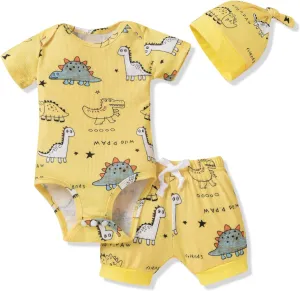 HINTINA Preemie Newborn Infant Baby Boys Outfits Dinosaur Bodysuit Romper Short Pants Hats 3Pcs Summer Clothes Set