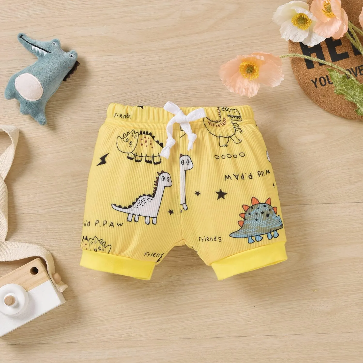 HINTINA Preemie Newborn Infant Baby Boys Outfits Dinosaur Bodysuit Romper Short Pants Hats 3Pcs Summer Clothes Set