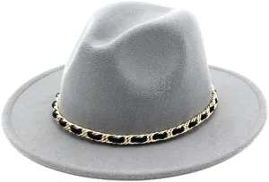 HXGAZXJQ Jazz Panama Hat 2020 Elegant Cotton Fedora Hat Men's Metal Chain Women's Formal Party Hat Fashion (Color : Gray, Size : 56-58cm)