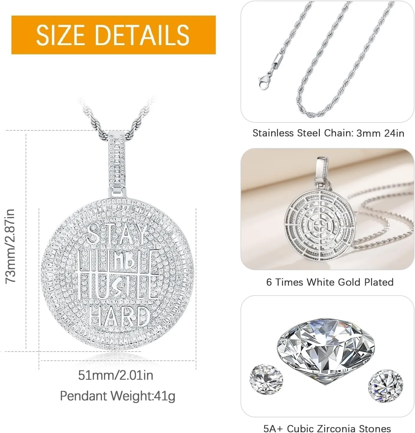 Iced Out Circle Chain Pendant Necklace for Men Women 14K White Gold Plated Bling CZ Diamond Round Coin Encourage Charm with 3mm 24" Rope Chain Hip Hop Fashion Jewelry