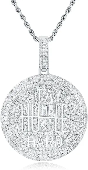 Iced Out Circle Chain Pendant Necklace for Men Women 14K White Gold Plated Bling CZ Diamond Round Coin Encourage Charm with 3mm 24" Rope Chain Hip Hop Fashion Jewelry