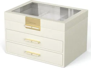 Jewelry Box with Glass Lid, 3-Layer Jewelry Organizer, 2 Drawers, for Big and Small Jewelry, Earrings, Rings, Necklaces, Bracelets - Ideal Gift for Women (Ivory, Model A2307BE)