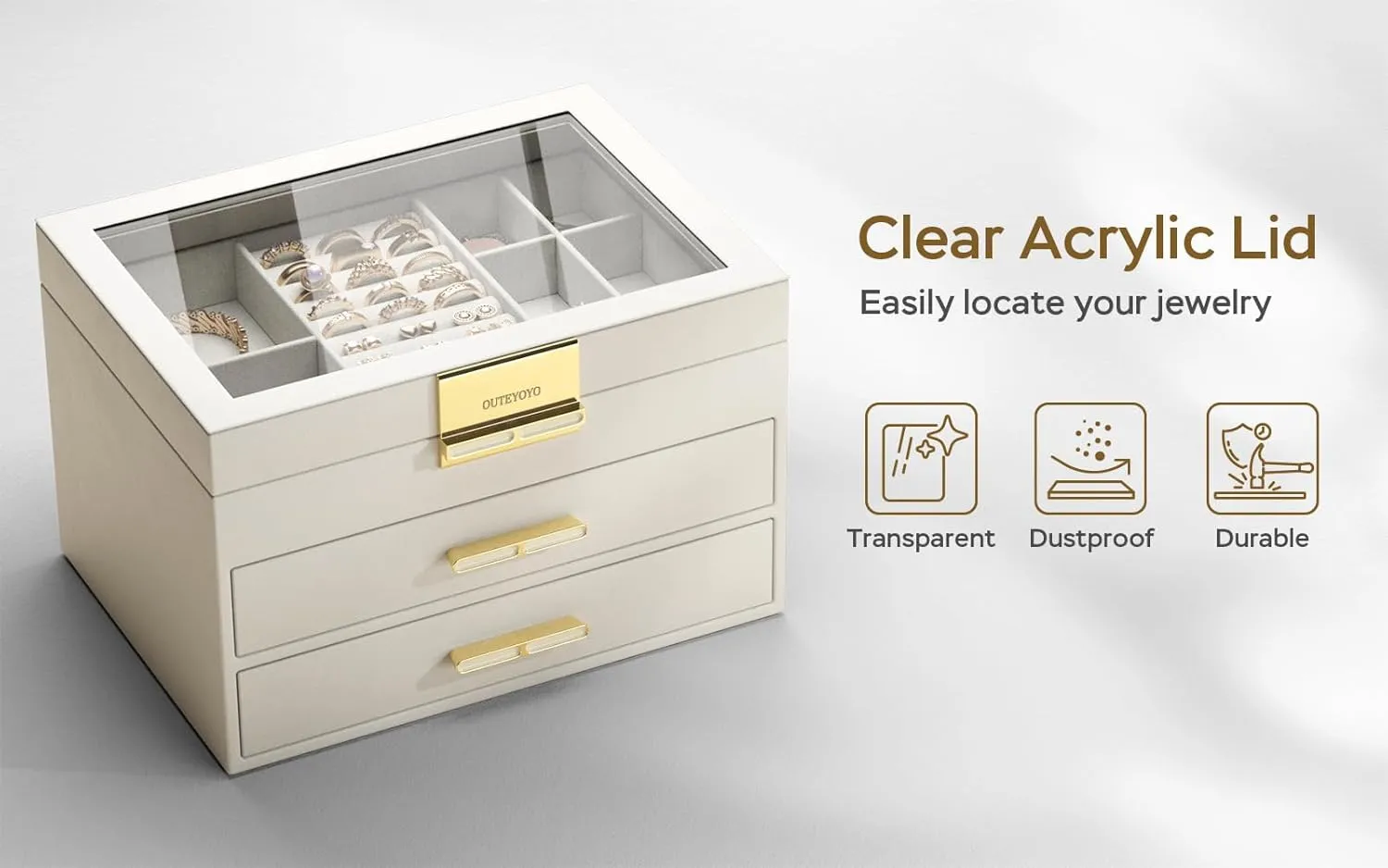 Jewelry Box with Glass Lid, 3-Layer Jewelry Organizer, 2 Drawers, for Big and Small Jewelry, Earrings, Rings, Necklaces, Bracelets - Ideal Gift for Women (Ivory, Model A2307BE)