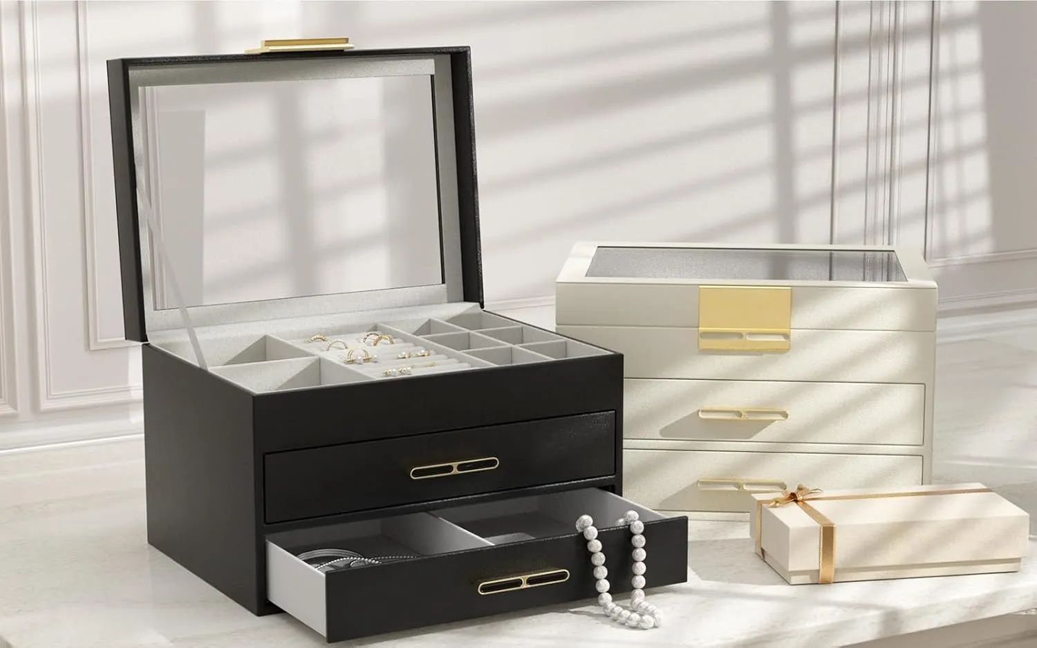 Jewelry Box with Glass Lid, 3-Layer Jewelry Organizer, 2 Drawers, for Big and Small Jewelry, Earrings, Rings, Necklaces, Bracelets - Ideal Gift for Women (Ivory, Model A2307BE)