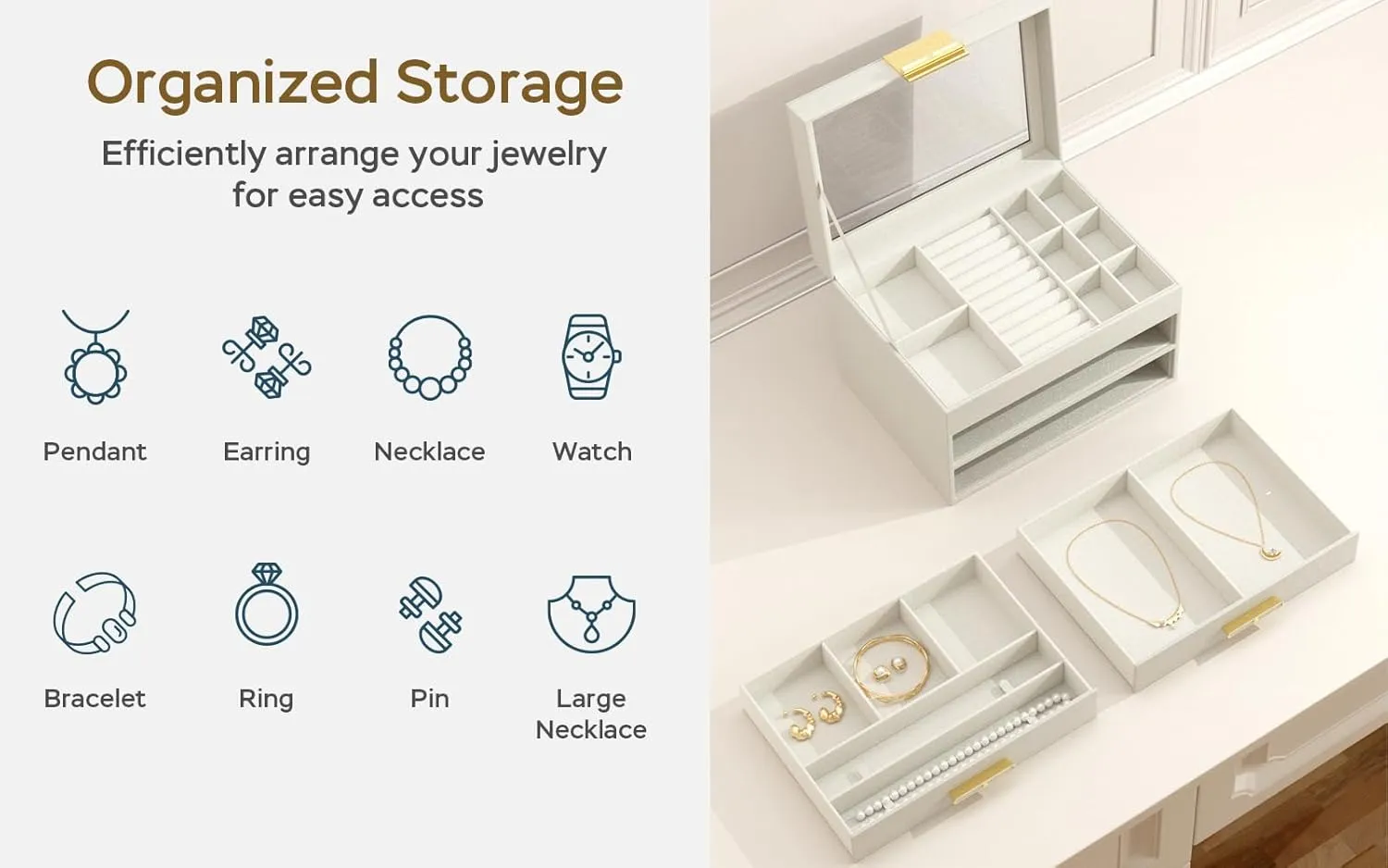 Jewelry Box with Glass Lid, 3-Layer Jewelry Organizer, 2 Drawers, for Big and Small Jewelry, Earrings, Rings, Necklaces, Bracelets - Ideal Gift for Women (Ivory, Model A2307BE)