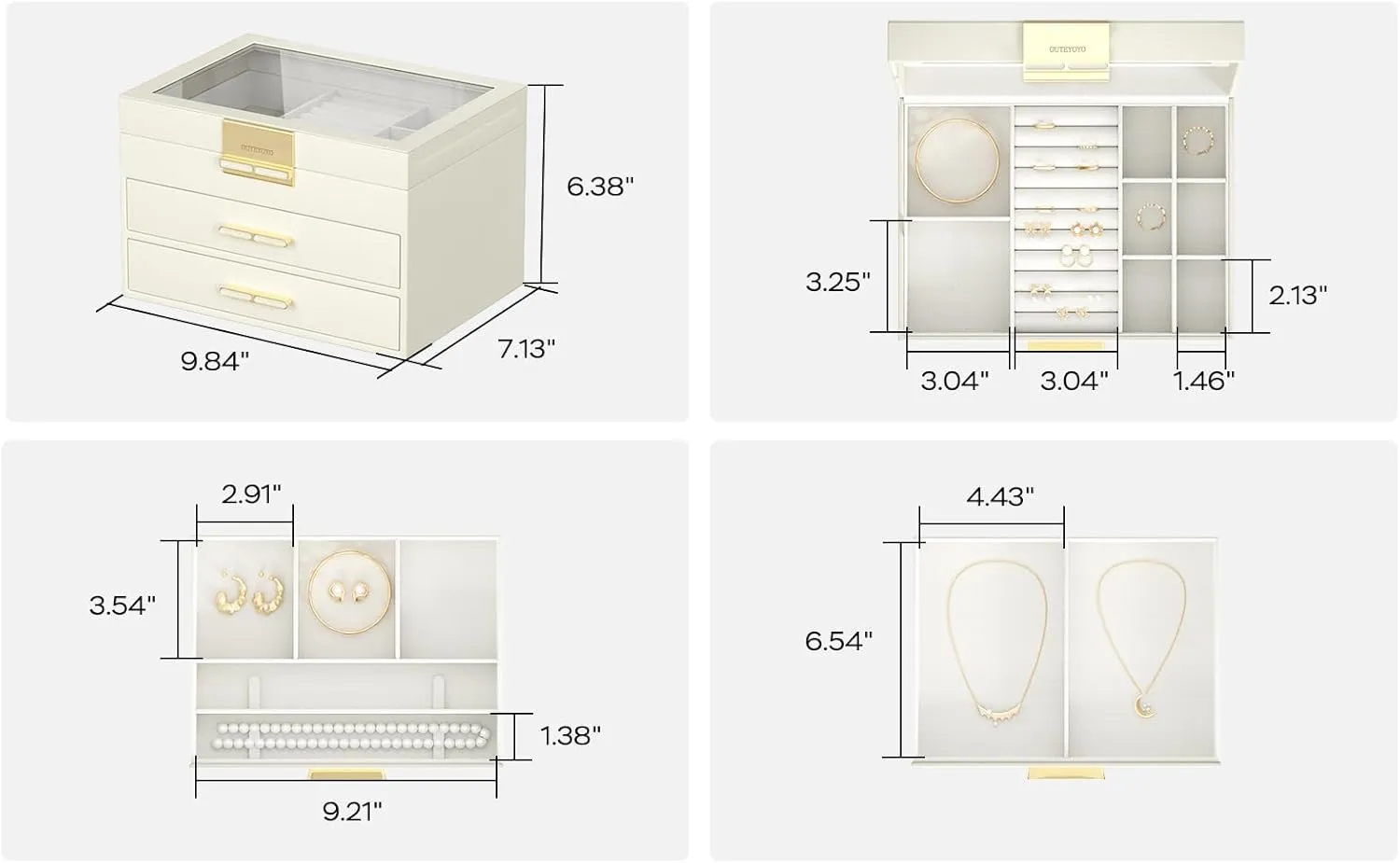Jewelry Box with Glass Lid, 3-Layer Jewelry Organizer, 2 Drawers, for Big and Small Jewelry, Earrings, Rings, Necklaces, Bracelets - Ideal Gift for Women (Ivory, Model A2307BE)