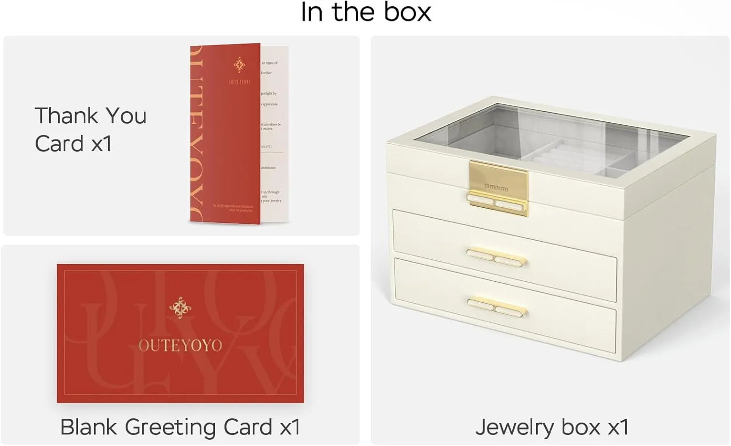 Jewelry Box with Glass Lid, 3-Layer Jewelry Organizer, 2 Drawers, for Big and Small Jewelry, Earrings, Rings, Necklaces, Bracelets - Ideal Gift for Women (Ivory, Model A2307BE)