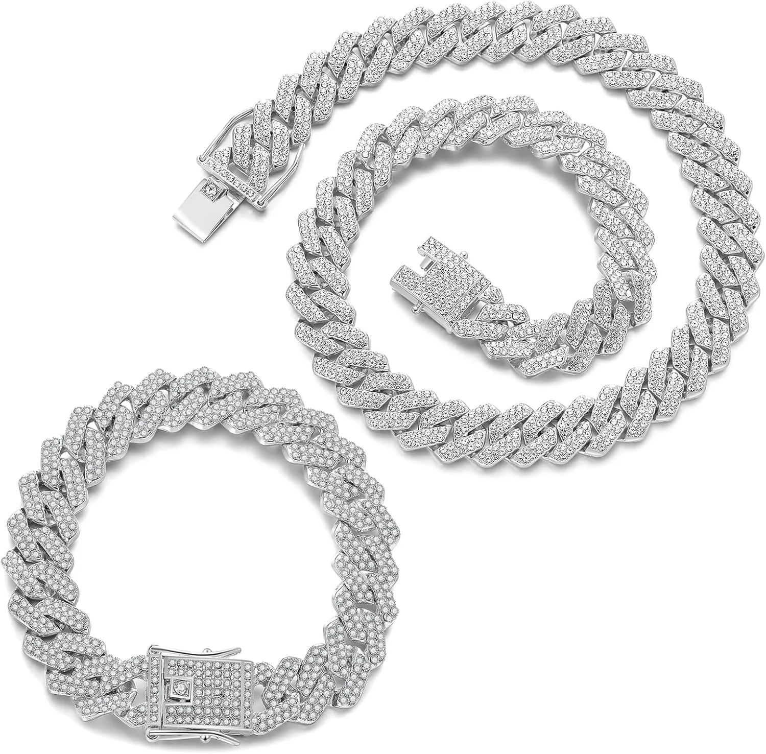 JUNVirtuous 2 Pieces Cuban Link Chain Mens Iced Out Miami Cuban Necklace and Bracelet Silver Bling Diamond Hip Hop Jewelry for Men and Women