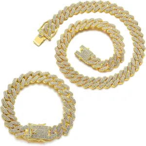 JUNVirtuous 2 Pieces Cuban Link Chain Mens Iced Out Miami Cuban Necklace and Bracelet Silver Bling Diamond Hip Hop Jewelry for Men and Women
