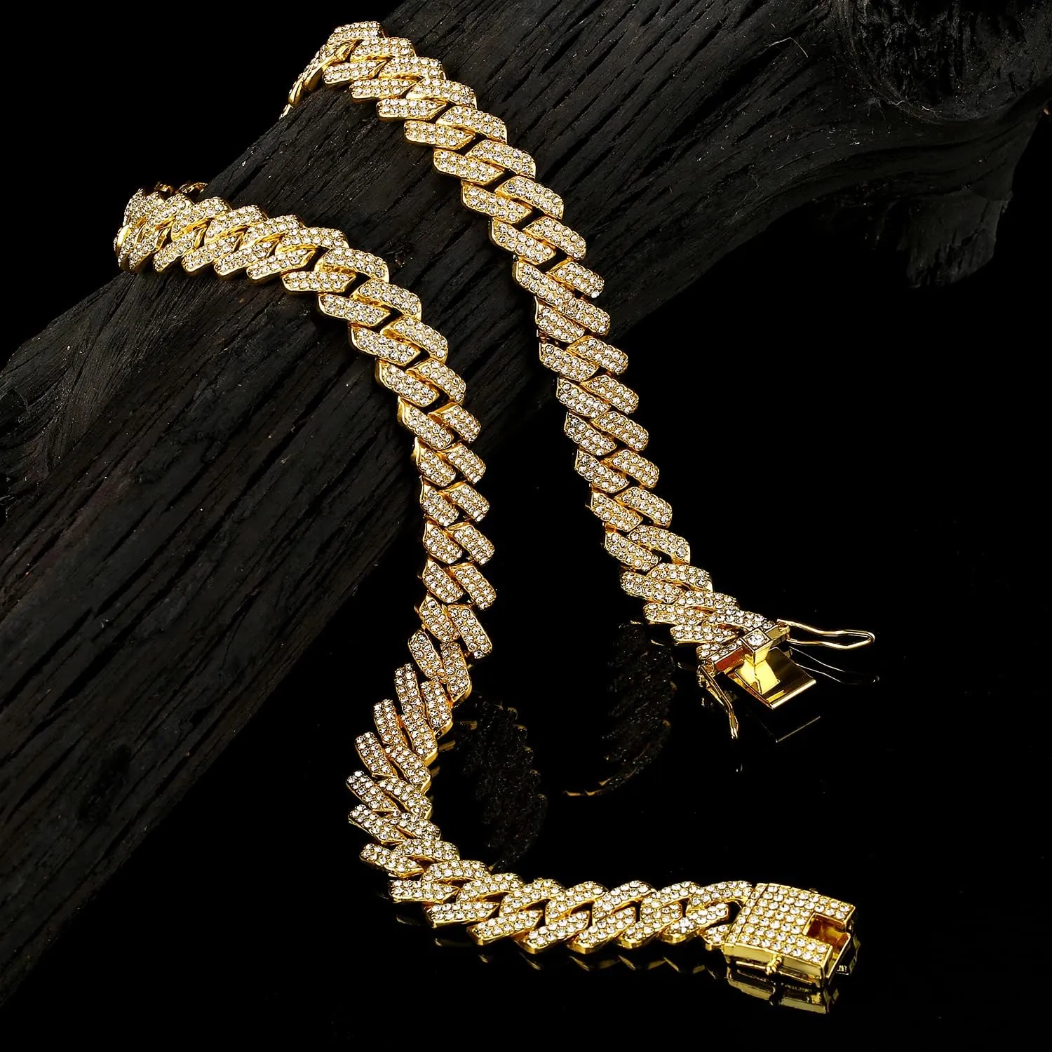 JUNVirtuous 2 Pieces Cuban Link Chain Mens Iced Out Miami Cuban Necklace and Bracelet Silver Bling Diamond Hip Hop Jewelry for Men and Women