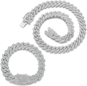 JUNVirtuous 2 Pieces Cuban Link Chain Mens Iced Out Miami Cuban Necklace and Bracelet Silver Bling Diamond Hip Hop Jewelry for Men and Women