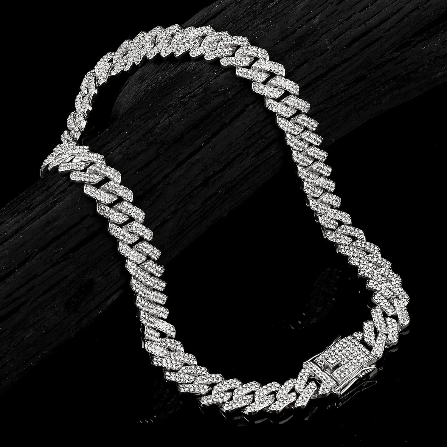 JUNVirtuous 2 Pieces Cuban Link Chain Mens Iced Out Miami Cuban Necklace and Bracelet Silver Bling Diamond Hip Hop Jewelry for Men and Women