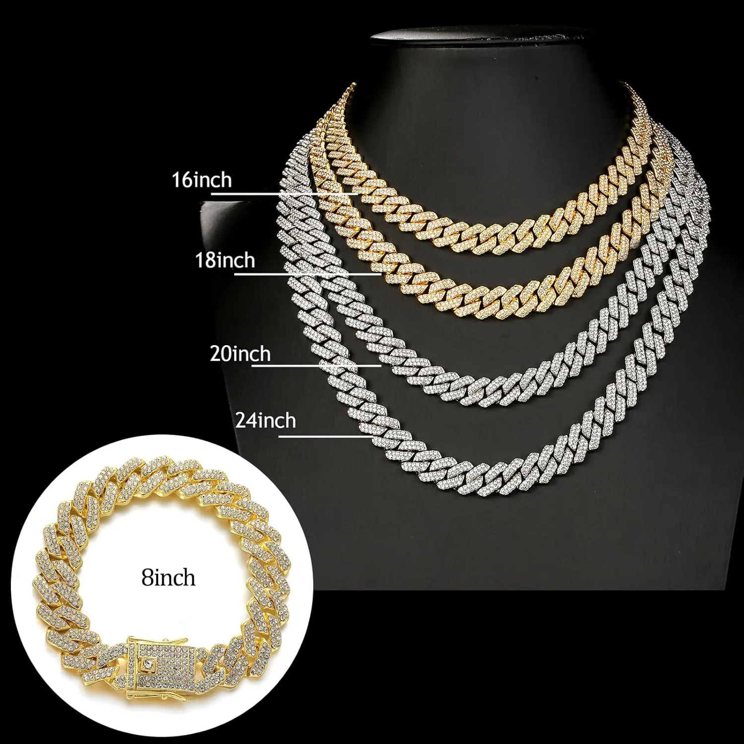 JUNVirtuous 2 Pieces Cuban Link Chain Mens Iced Out Miami Cuban Necklace and Bracelet Silver Bling Diamond Hip Hop Jewelry for Men and Women