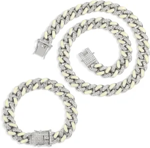 JUNVirtuous 2 Pieces Cuban Link Chain Mens Iced Out Miami Cuban Necklace and Bracelet Silver Bling Diamond Hip Hop Jewelry for Men and Women