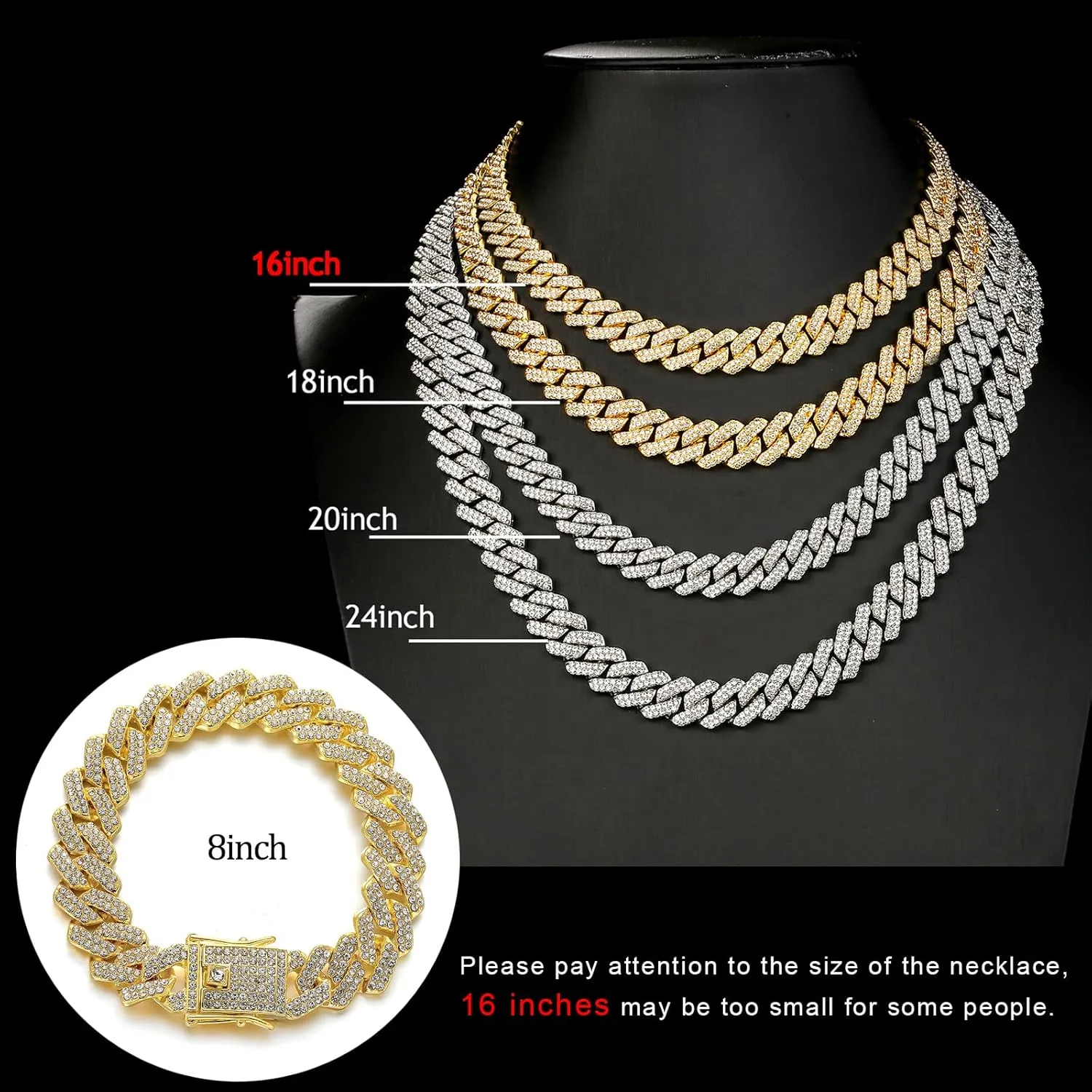 JUNVirtuous 2 Pieces Cuban Link Chain Mens Iced Out Miami Cuban Necklace and Bracelet Silver Bling Diamond Hip Hop Jewelry for Men and Women