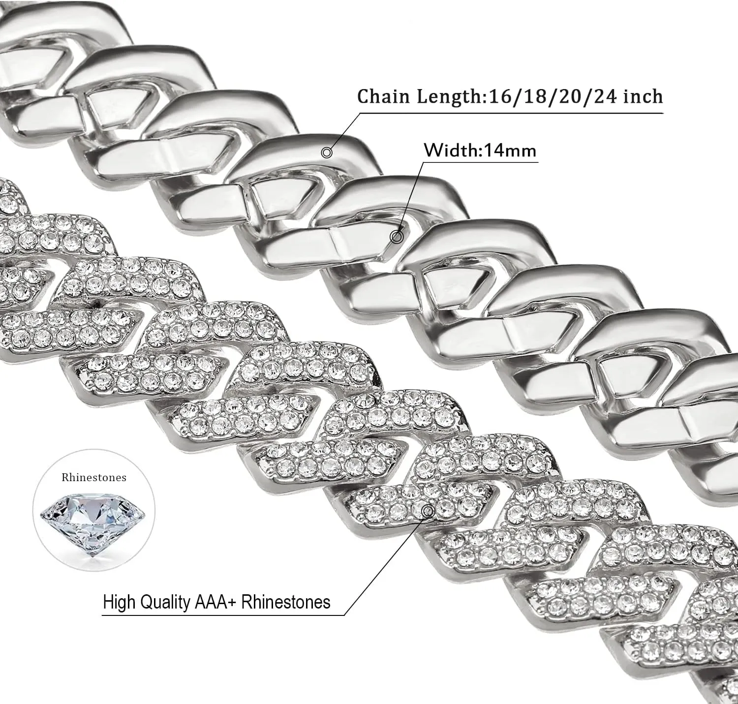 JUNVirtuous 2 Pieces Cuban Link Chain Mens Iced Out Miami Cuban Necklace and Bracelet Silver Bling Diamond Hip Hop Jewelry for Men and Women