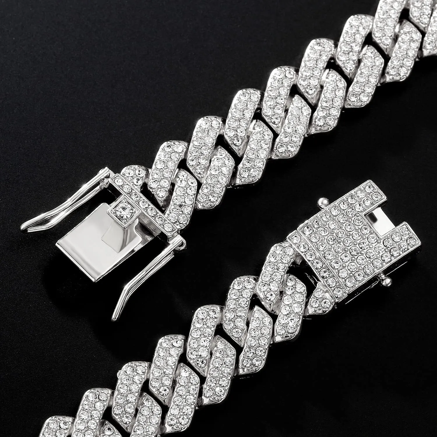 JUNVirtuous 2 Pieces Cuban Link Chain Mens Iced Out Miami Cuban Necklace and Bracelet Silver Bling Diamond Hip Hop Jewelry for Men and Women