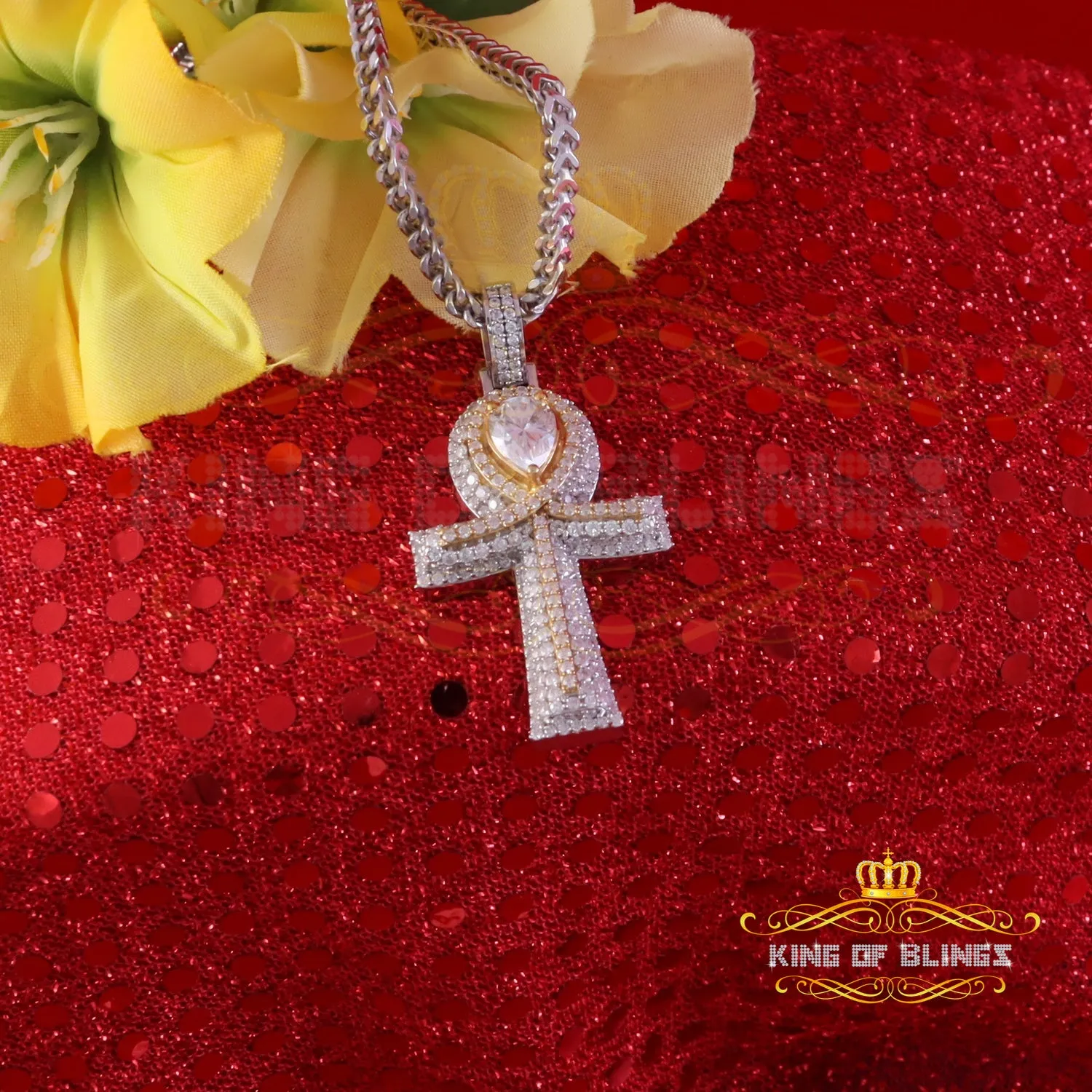 King Of Bling's 4.00ct VVS D Silver Moissanite Pear Shape Stone White Charm Ankh Men's Pendant