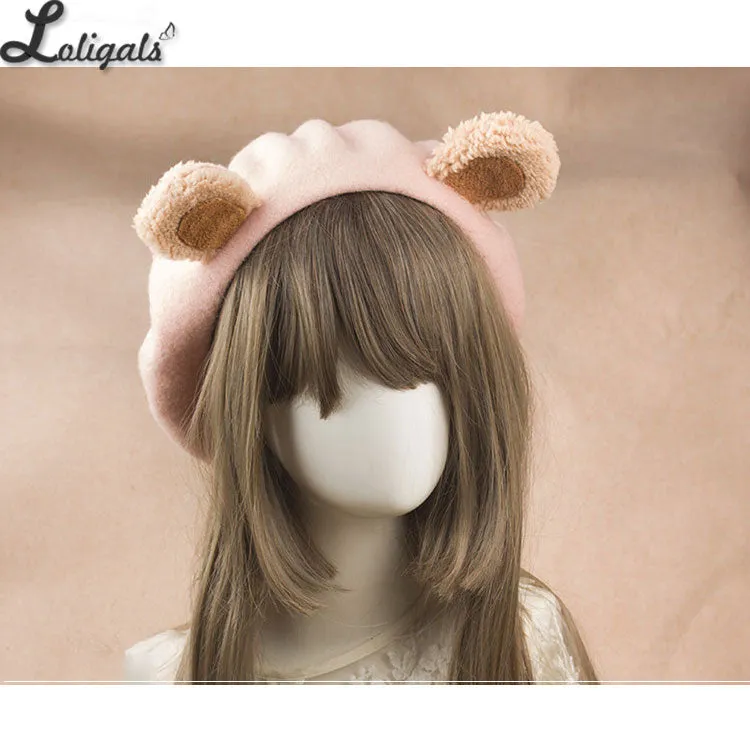 Lovely Lolita Bear Ear Berets Cute Female Wool Berets for Winter