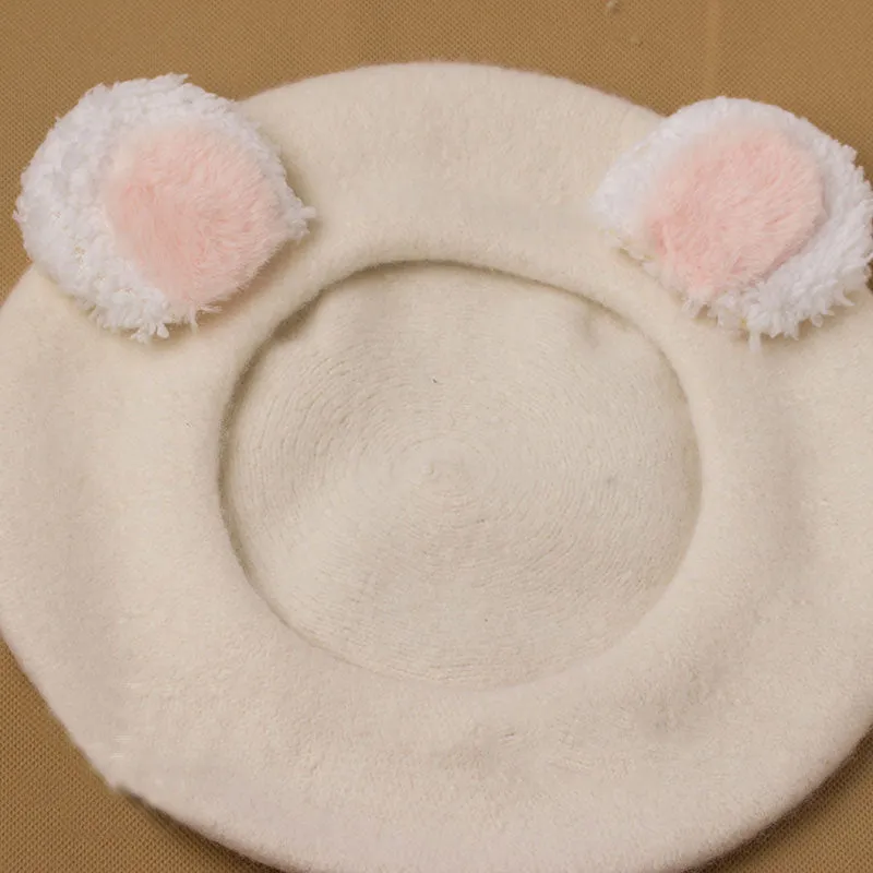 Lovely Lolita Bear Ear Berets Cute Female Wool Berets for Winter