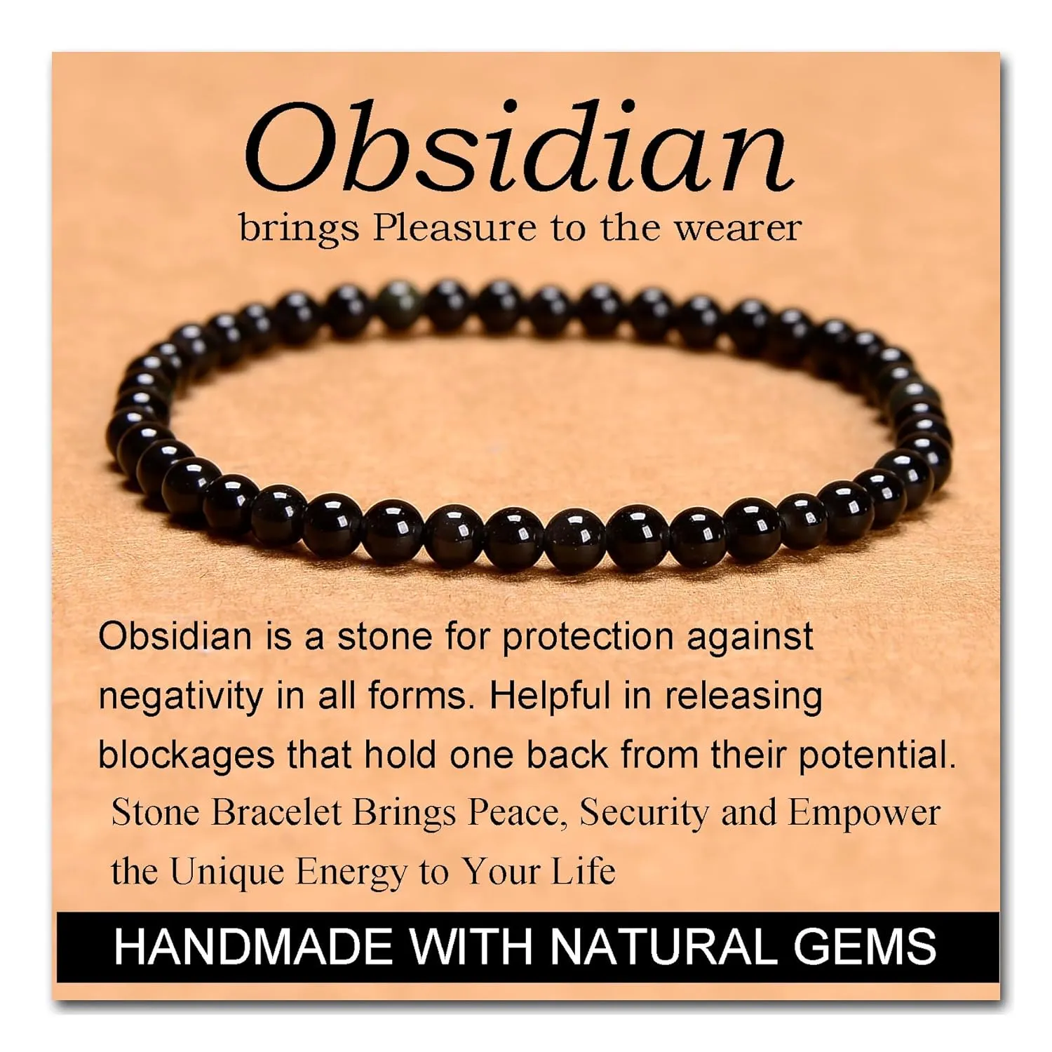Massive Beads Black Obsidian - Stone of Pleasure - Handmade Yoga Stretch Elastic Bracelet Natural Stone Crystal Healing Power Energy Gifts for Unisex Adult 4mm