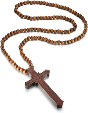 MEALGUET Large Wooded Cross Necklace Big Beaded Religious Christian Catholic Crucifix Rosary Cross Necklace Costume Accessories for Women