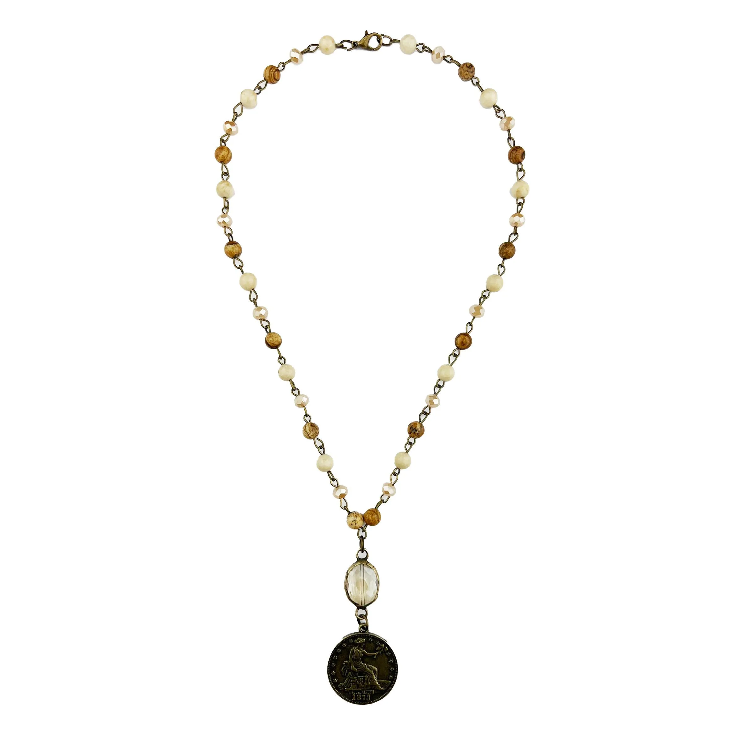 Metal Coin and Oval Crystal Pendant Neck