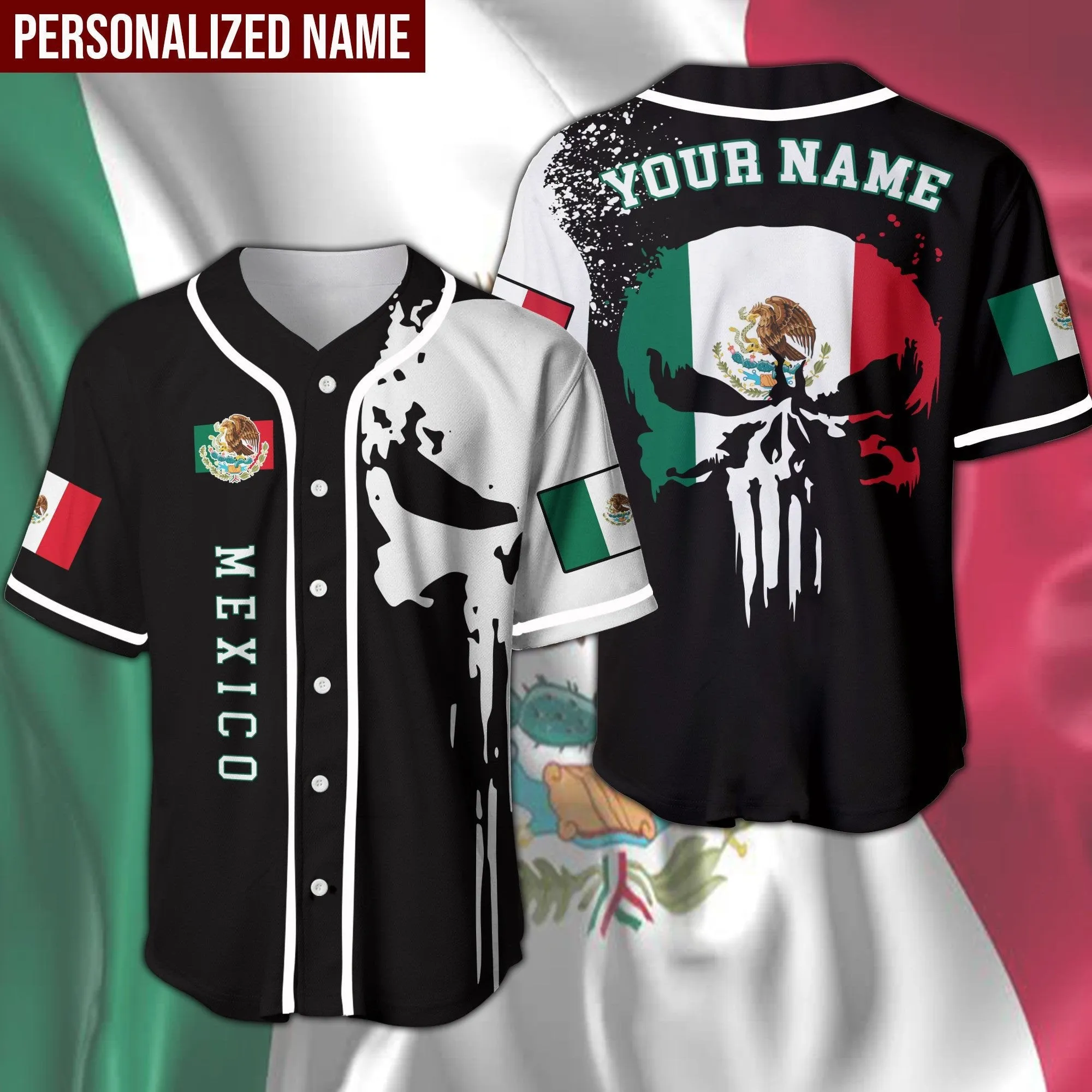 Mexico Skull Flag Personalized Baseball Jersey, Idea Gift for Mexican