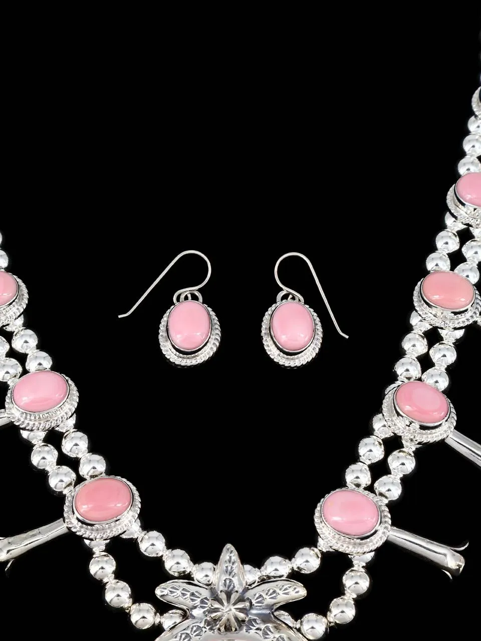 Nevada Pink Conch Native American Squash Blossom Necklace Set