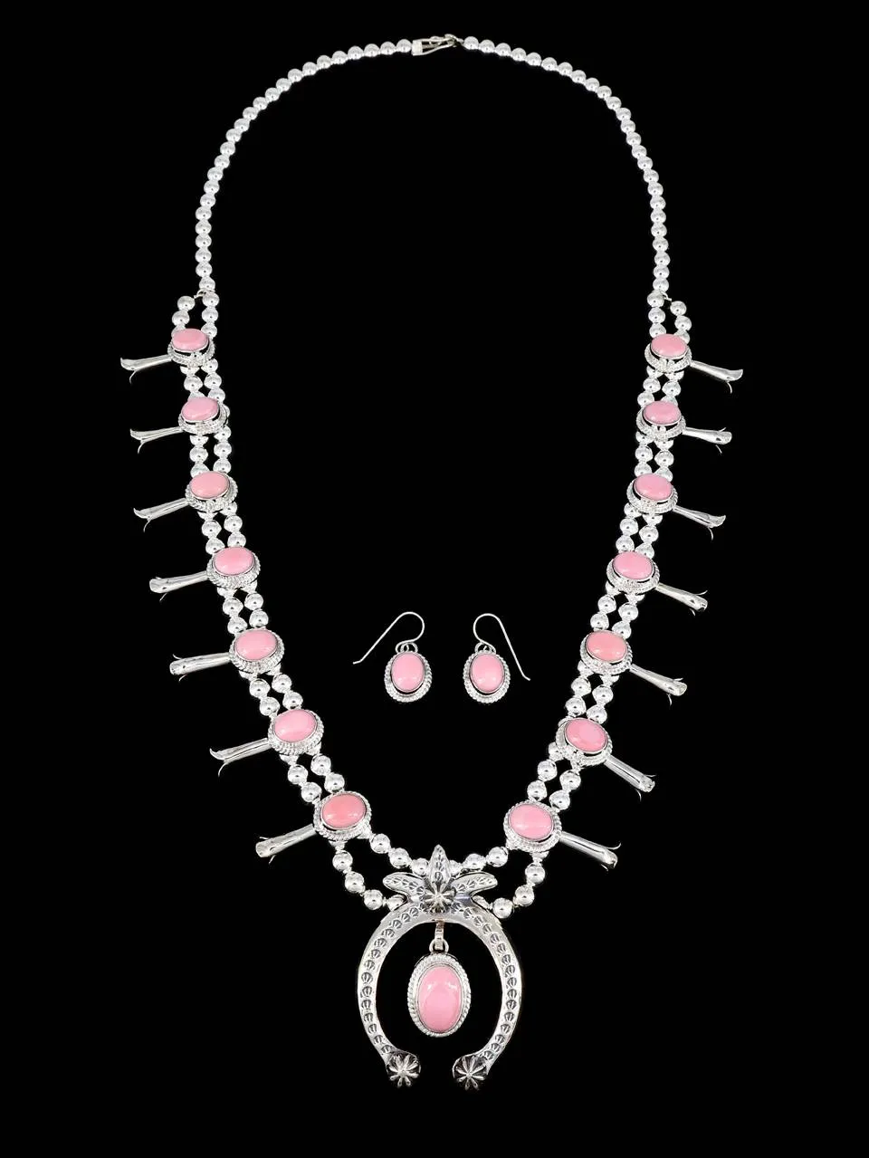 Nevada Pink Conch Native American Squash Blossom Necklace Set