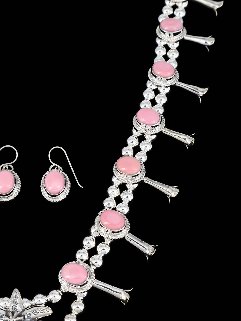 Nevada Pink Conch Native American Squash Blossom Necklace Set