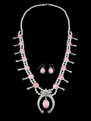 Nevada Pink Conch Native American Squash Blossom Necklace Set