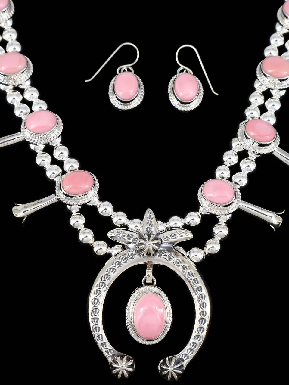 Nevada Pink Conch Native American Squash Blossom Necklace Set