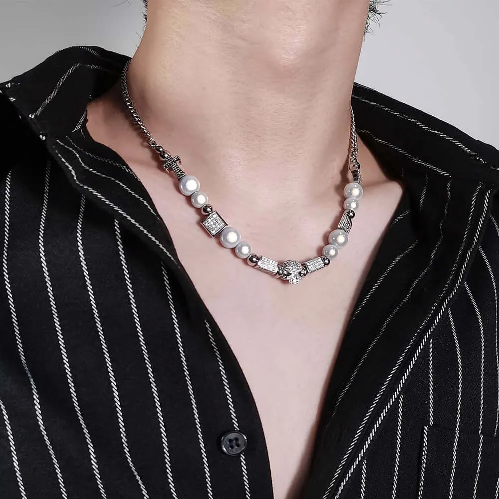 New Titanium Steel Necklace Men's Pearl Necklace Trend Skull Dice Hip Hop Stainless Steel Necklace Couple Jewelry