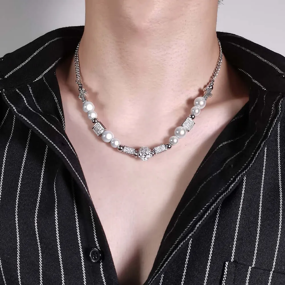 New Titanium Steel Necklace Men's Pearl Necklace Trend Skull Dice Hip Hop Stainless Steel Necklace Couple Jewelry