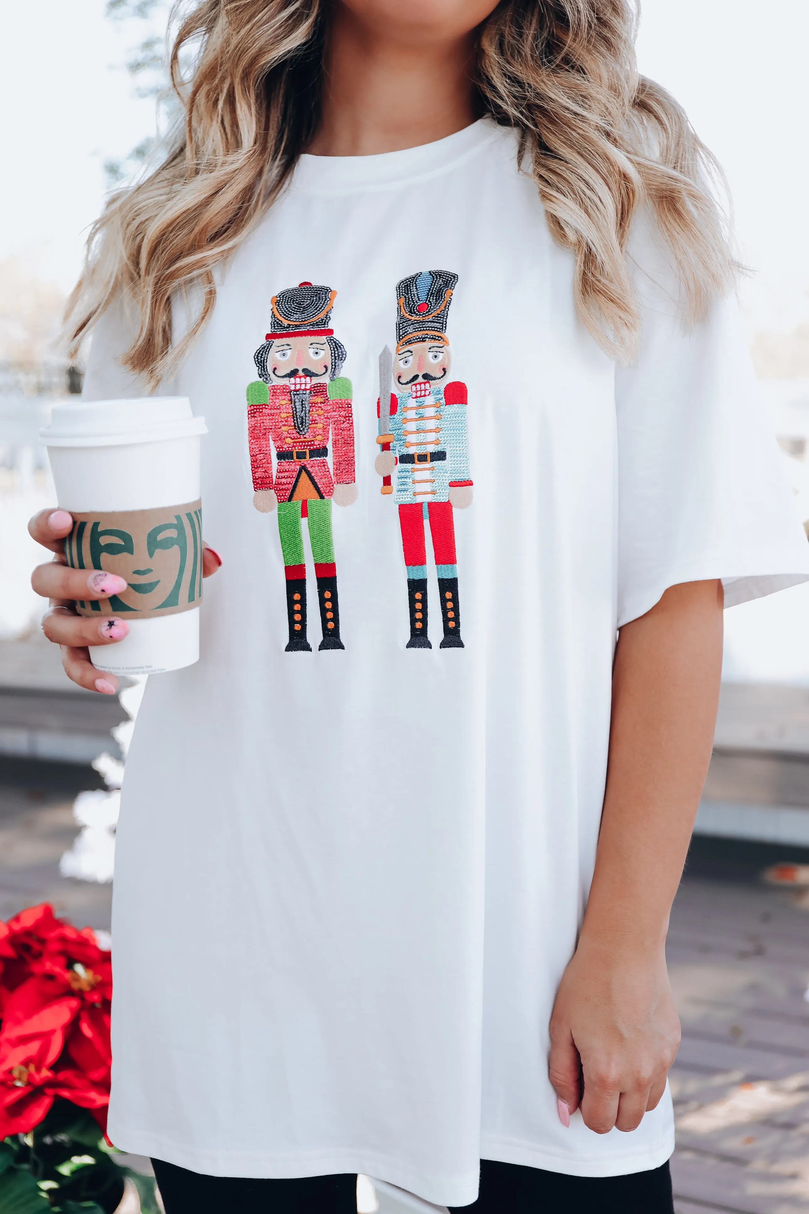 Nutcracker Sequin Graphic T-Shirt Dress - White